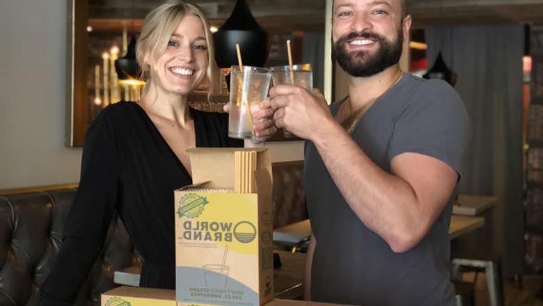World Brand founders Petros Pappalas and Shanna Henry showcase their paper straw product